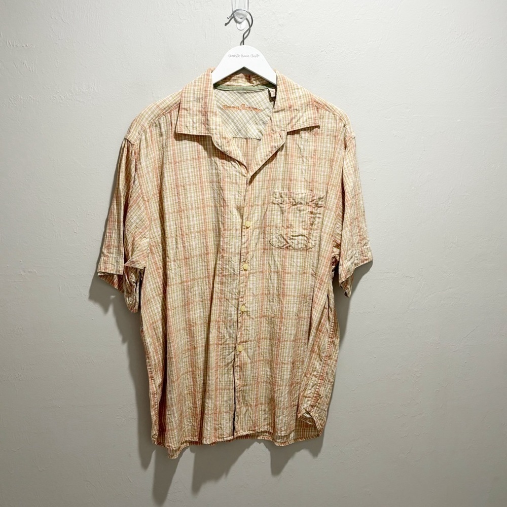 TOMMY BAHAMA Men’s Orange Green Plaid Short Sleeve Tencel Linen Blend Shirt XL